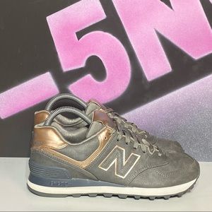 New Balance 574 Grey  and Gold Leather Sneakers